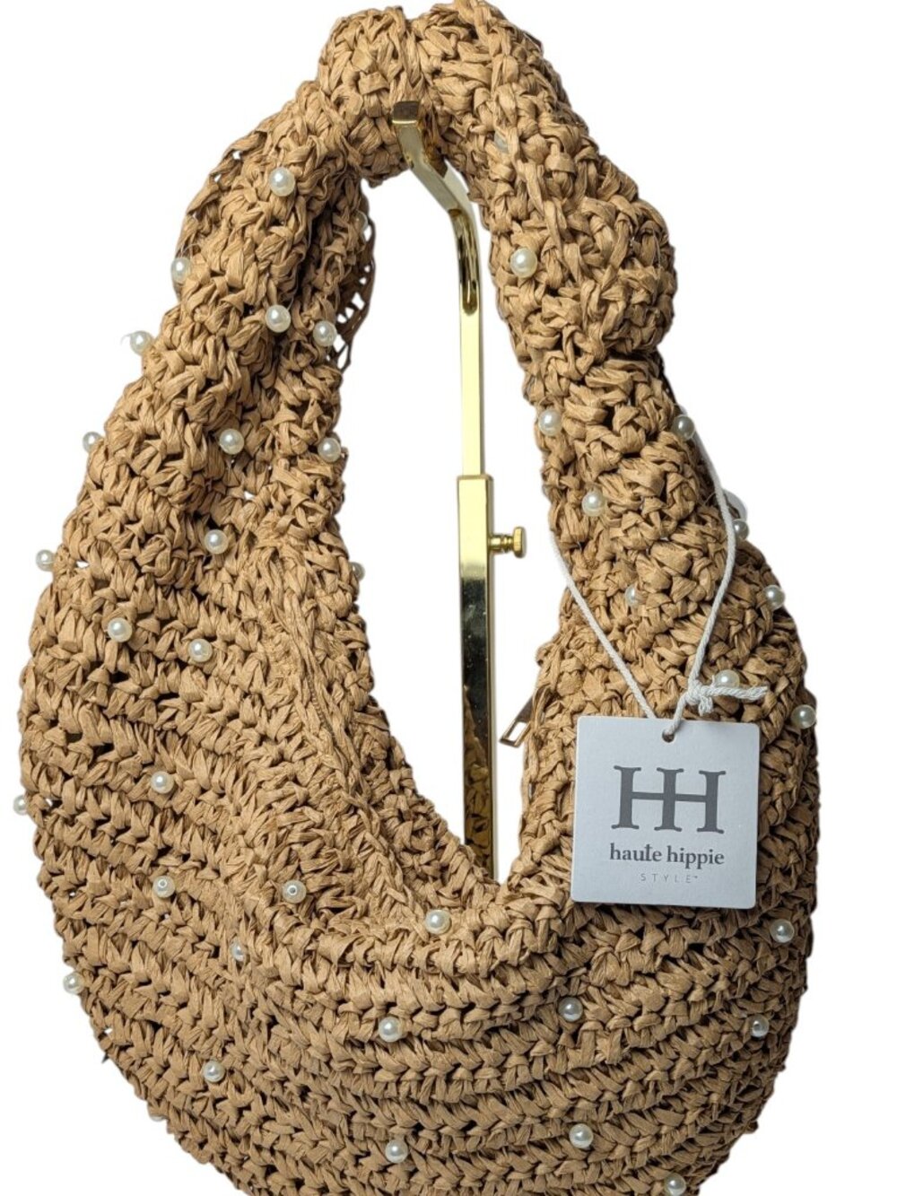 NWT Haute Hippie Tan Woven Pearl Beaded Boho Purse